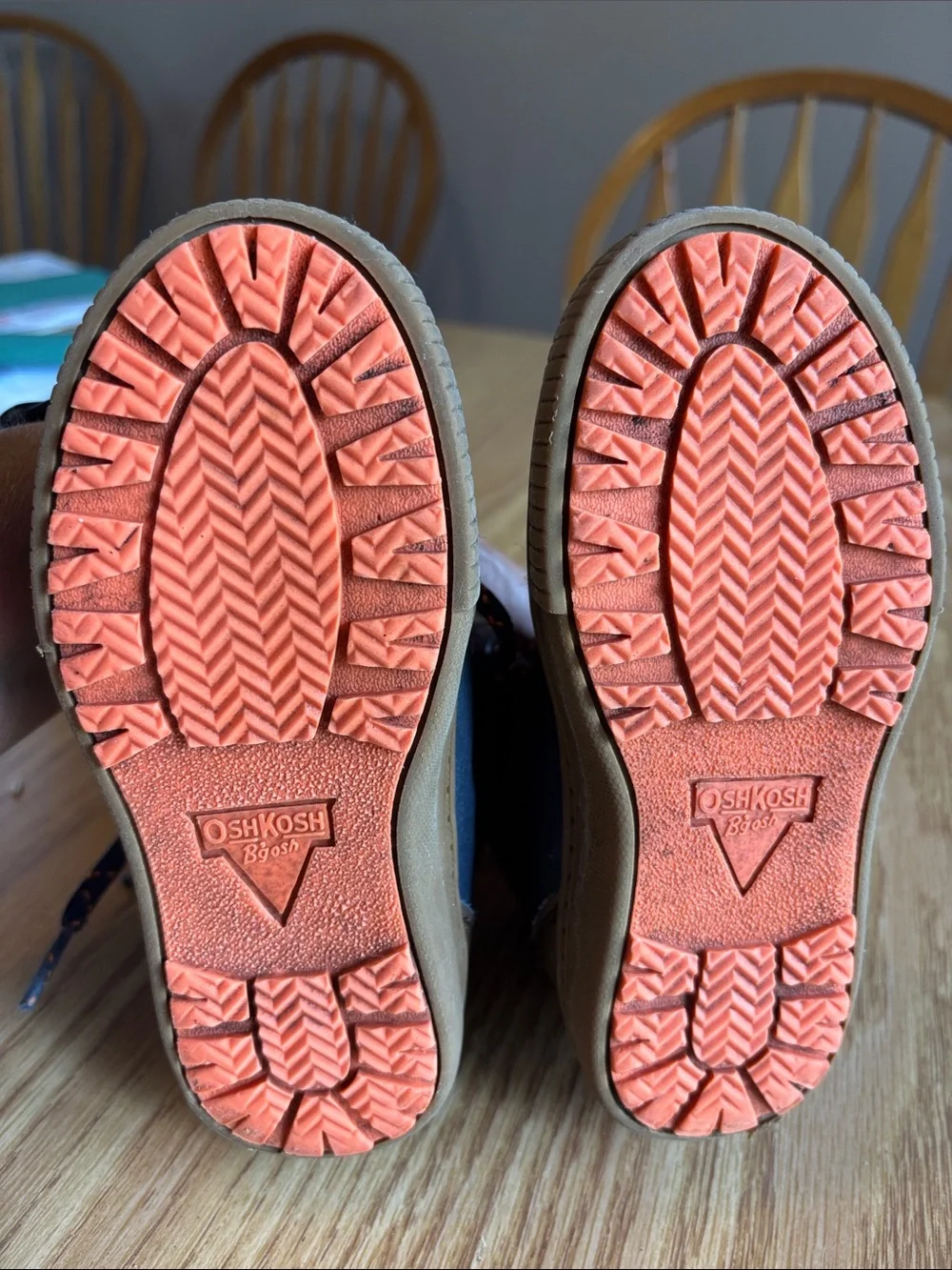 OshKosh B'gosh Navy Blue and Brown Kids Duck Boots with Orange Accents